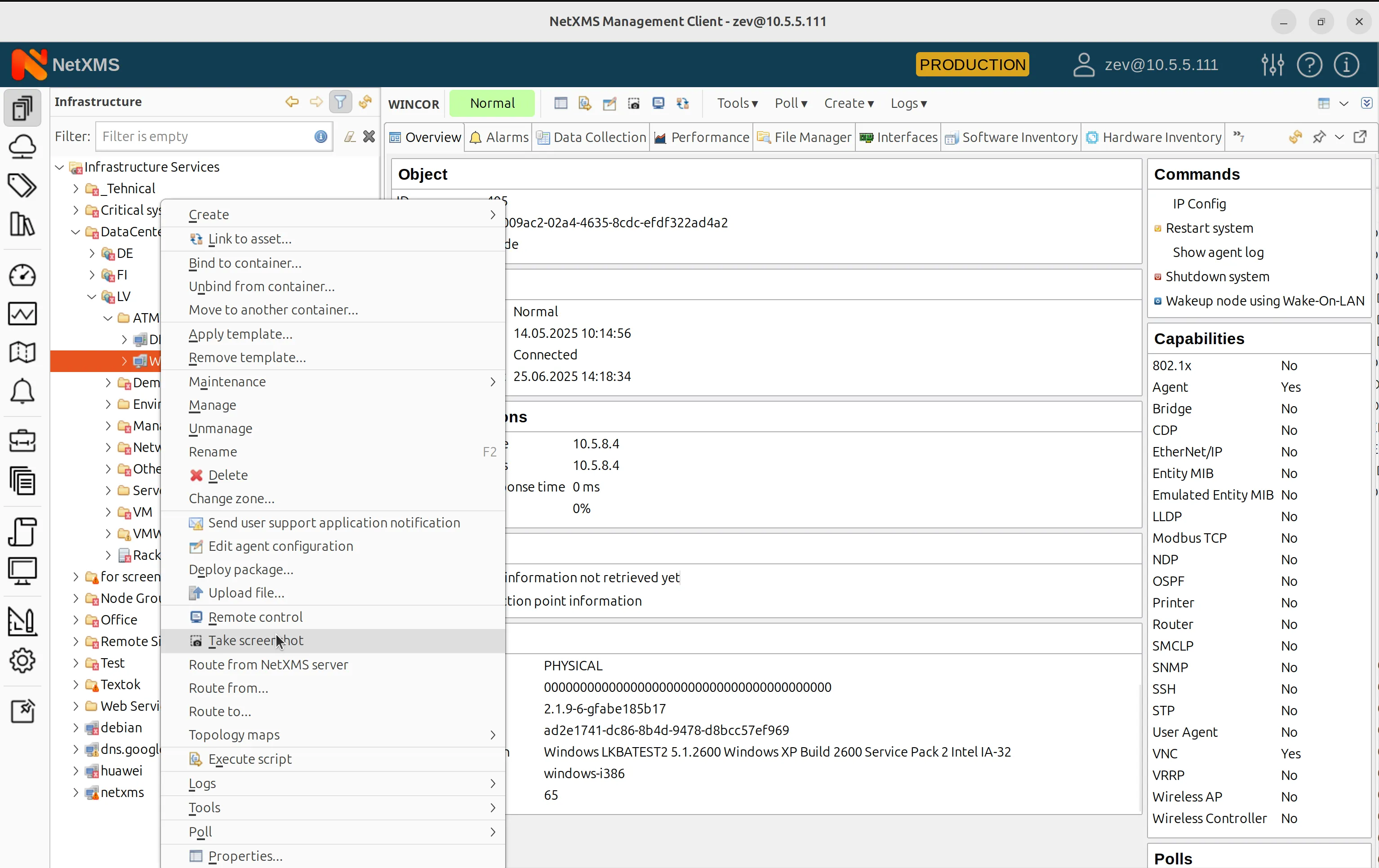 Take Screenshot option in the NetXMS context menu