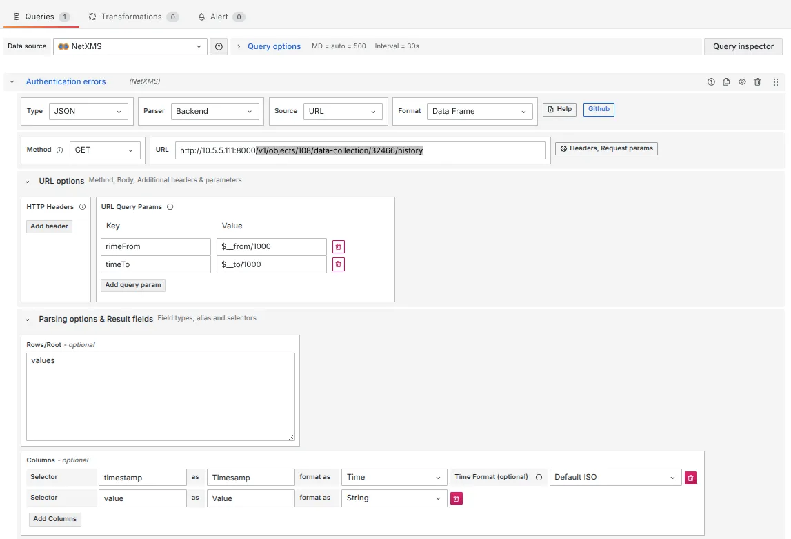 Configuration of the table data source using the Infinity Plugin