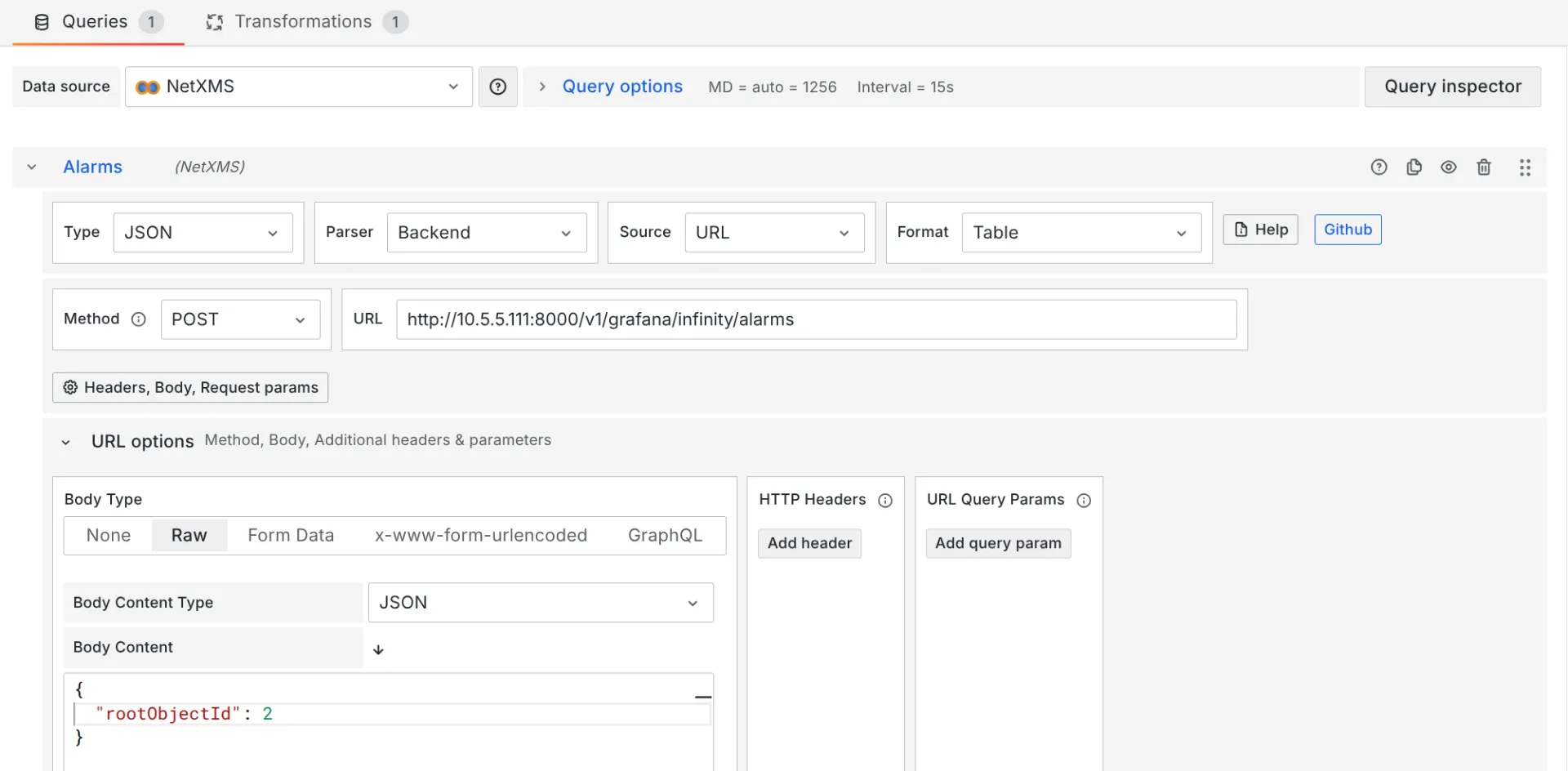 Configuration of the alarm query using the Infinity Plugin