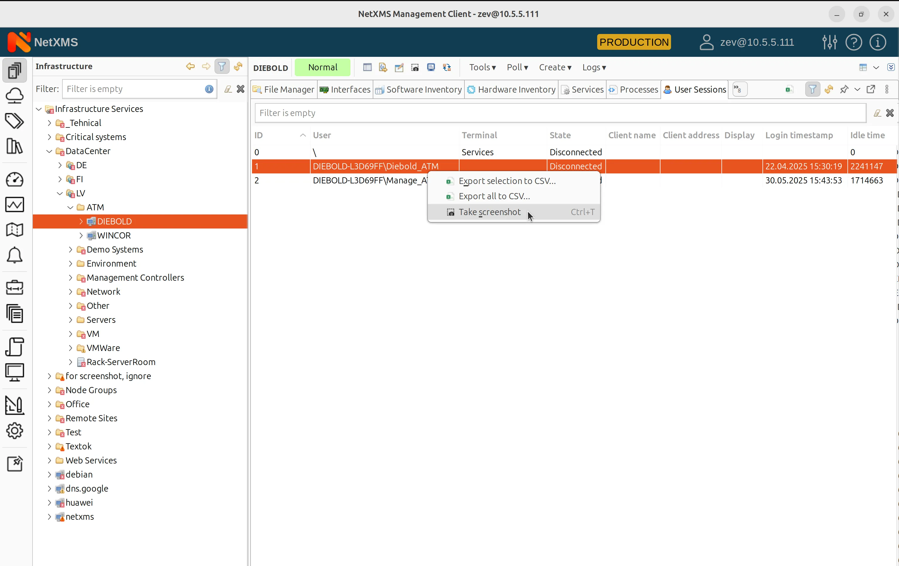 Selecting a specific session in the NetXMS User Session View