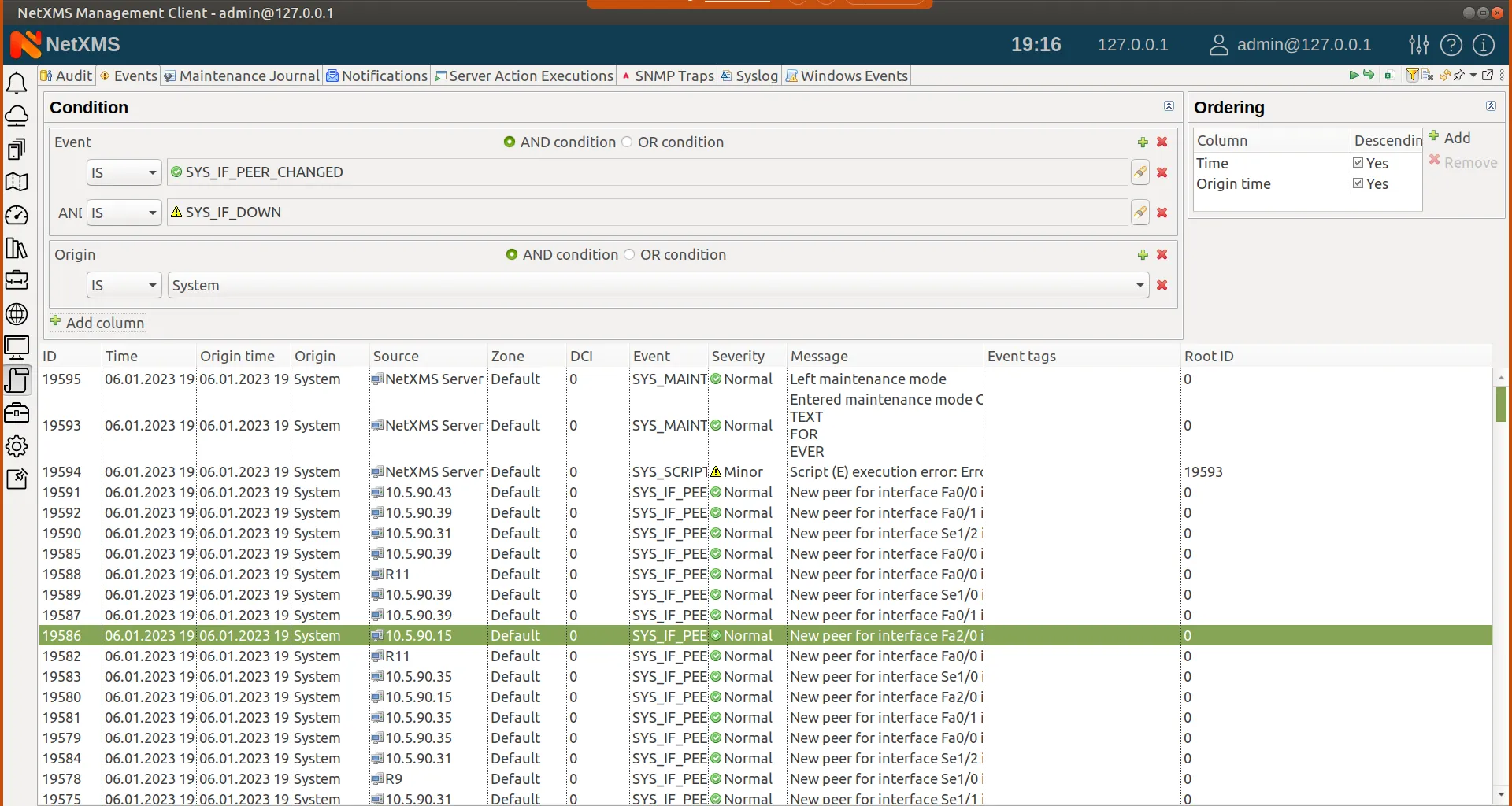 List of the system events and assigning conditions for filtering