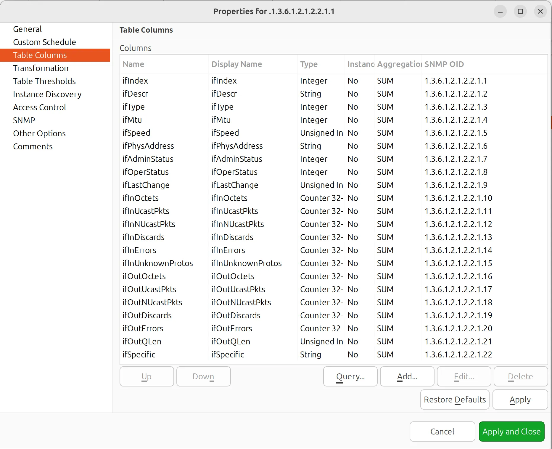 Configuration of the table columns — query result